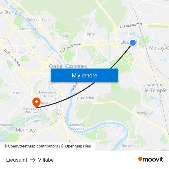Lieusaint to Villabe map