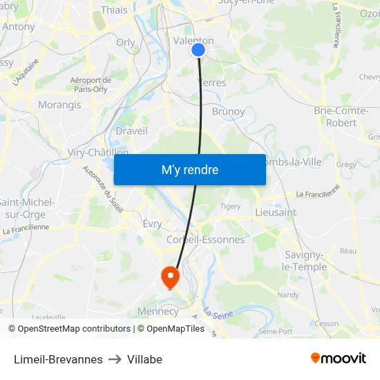 Limeil-Brevannes to Villabe map