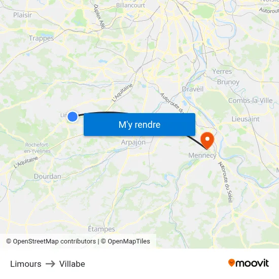 Limours to Villabe map