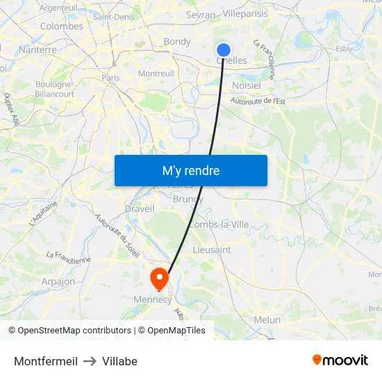 Montfermeil to Villabe map