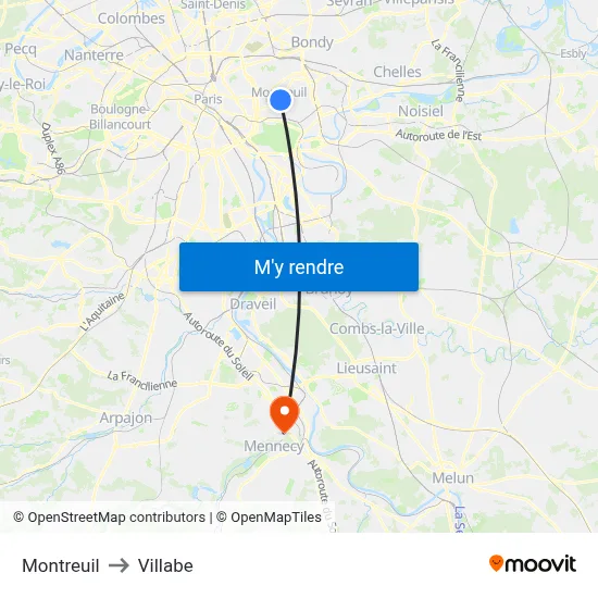 Montreuil to Villabe map