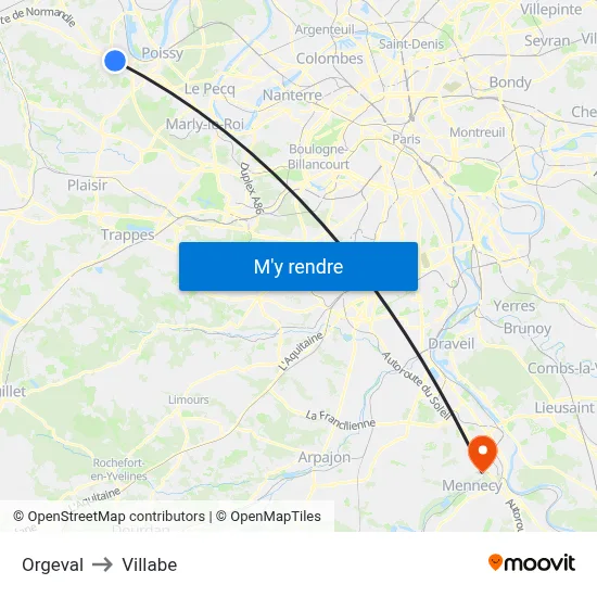 Orgeval to Villabe map