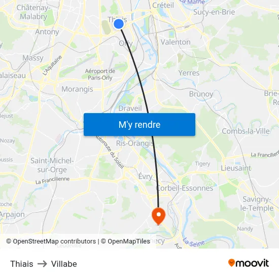 Thiais to Villabe map