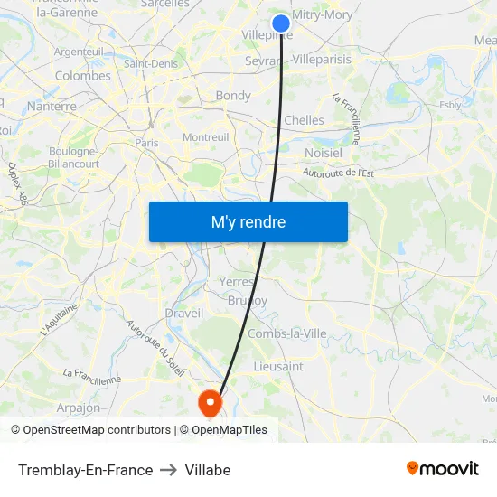 Tremblay-En-France to Villabe map