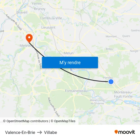 Valence-En-Brie to Villabe map