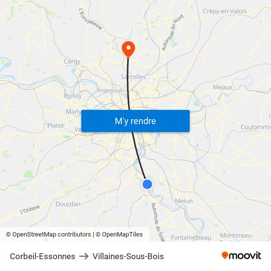 Corbeil-Essonnes to Villaines-Sous-Bois map