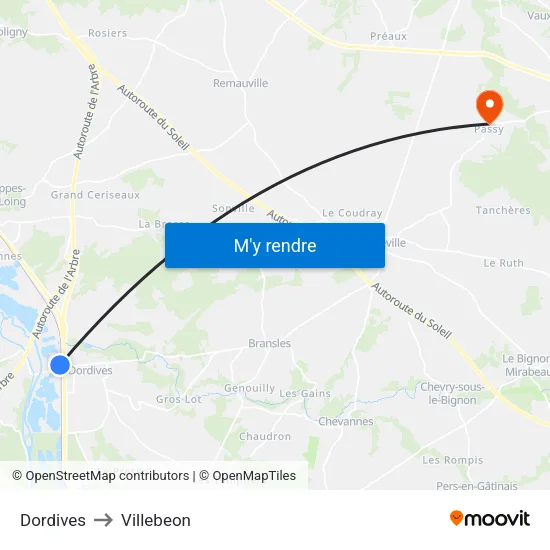 Dordives to Villebeon map