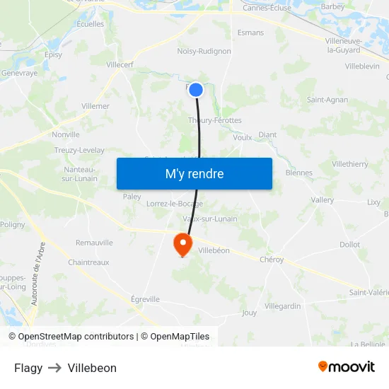 Flagy to Villebeon map