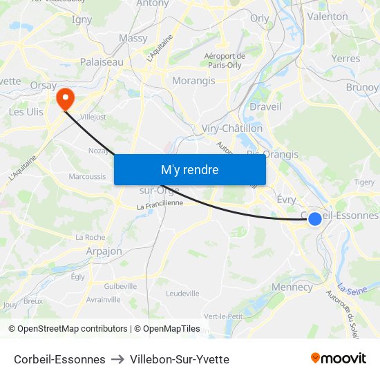 Corbeil-Essonnes to Villebon-Sur-Yvette map