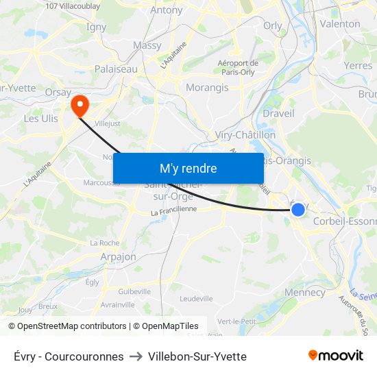 Évry - Courcouronnes to Villebon-Sur-Yvette map