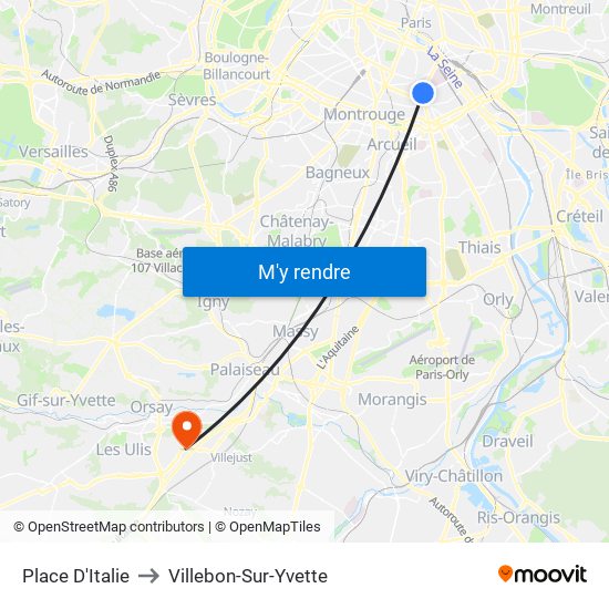 Place D'Italie to Villebon-Sur-Yvette map