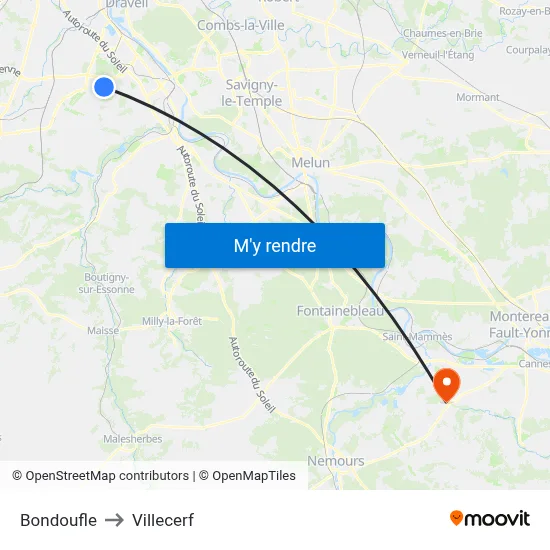 Bondoufle to Villecerf map