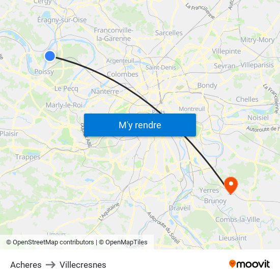 Acheres to Villecresnes map