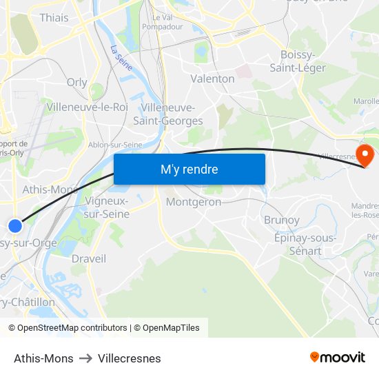 Athis-Mons to Villecresnes map