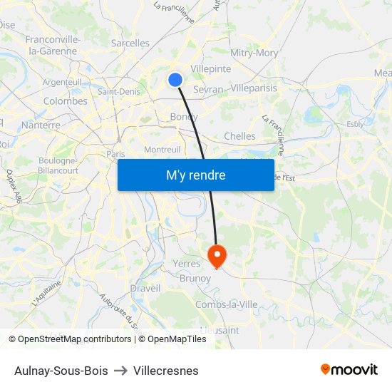 Aulnay-Sous-Bois to Villecresnes map
