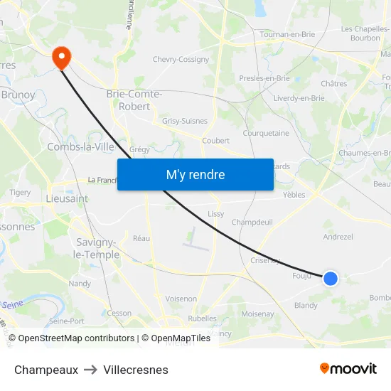 Champeaux to Villecresnes map
