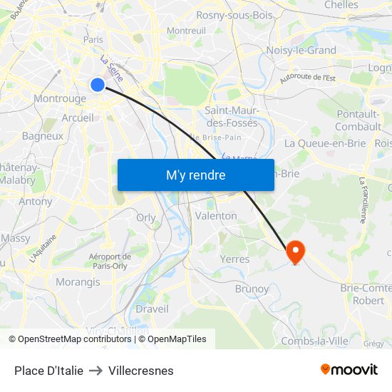 Place D'Italie to Villecresnes map