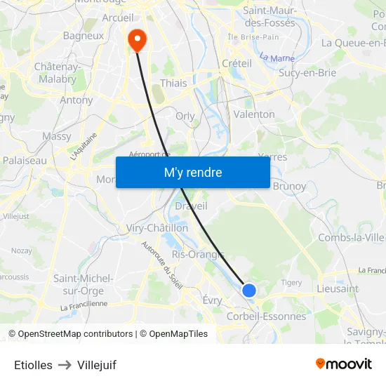 Etiolles to Villejuif map