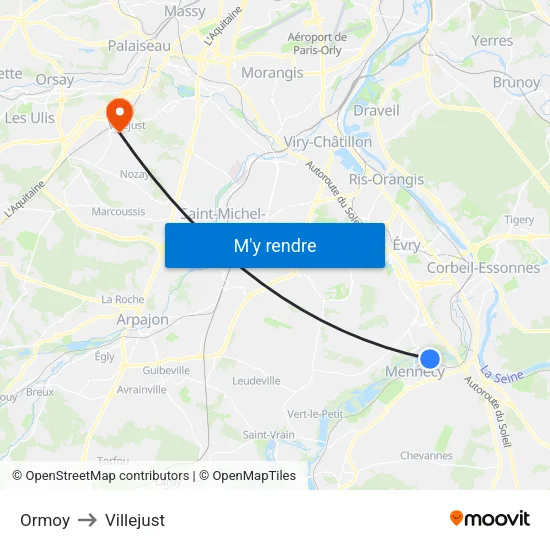 Ormoy to Villejust map