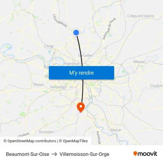 Beaumont-Sur-Oise to Villemoisson-Sur-Orge map