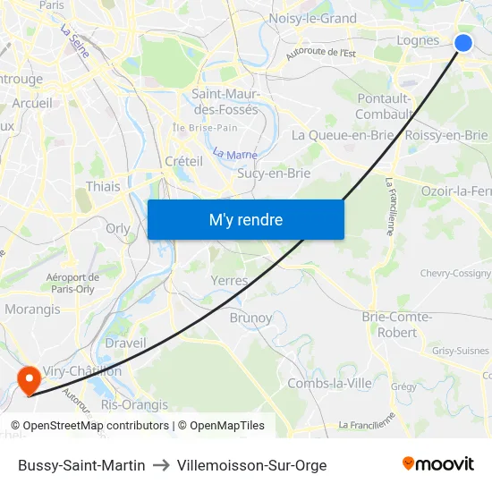 Bussy-Saint-Martin to Villemoisson-Sur-Orge map