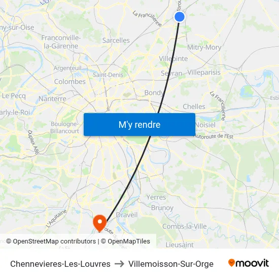 Chennevieres-Les-Louvres to Villemoisson-Sur-Orge map