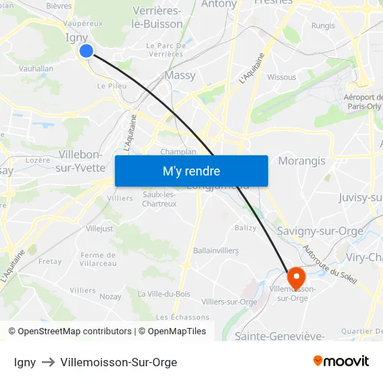 Igny to Villemoisson-Sur-Orge map