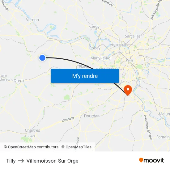 Tilly to Villemoisson-Sur-Orge map