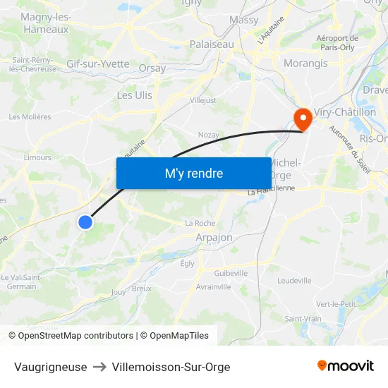 Vaugrigneuse to Villemoisson-Sur-Orge map