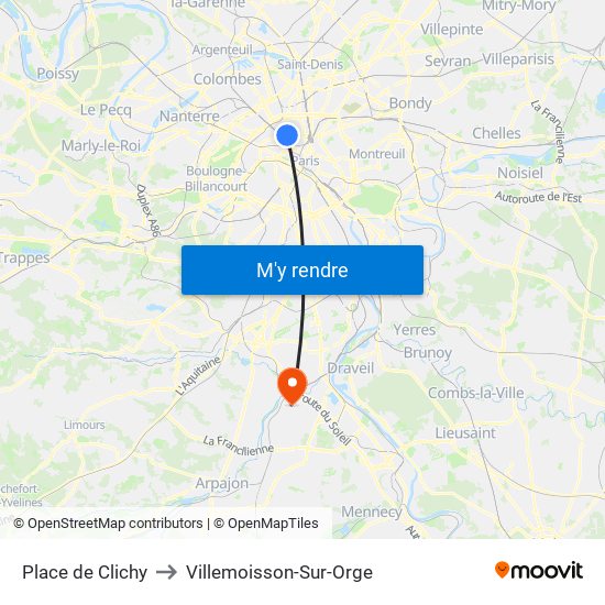 Place de Clichy to Villemoisson-Sur-Orge map