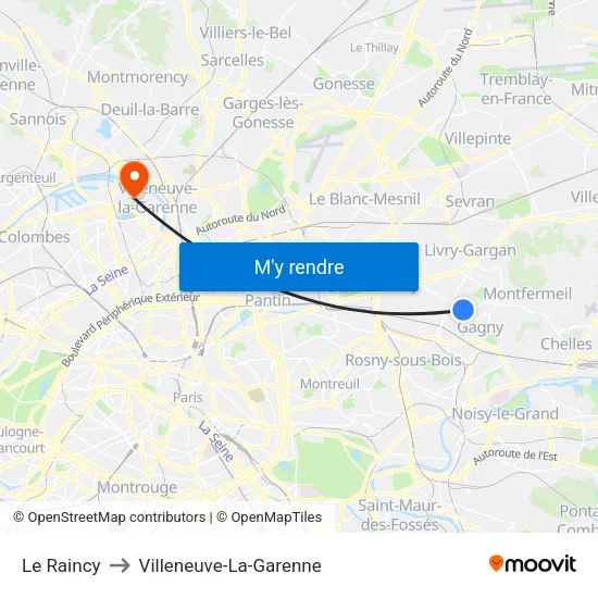 Le Raincy to Villeneuve-La-Garenne map