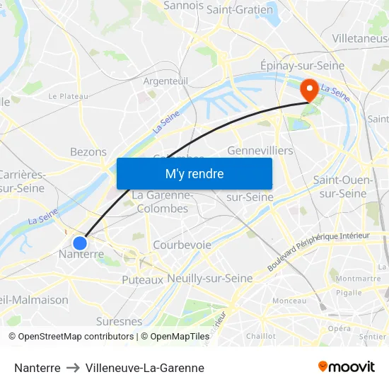 Nanterre to Villeneuve-La-Garenne map