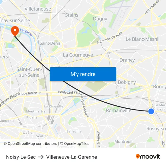 Noisy-Le-Sec to Villeneuve-La-Garenne map