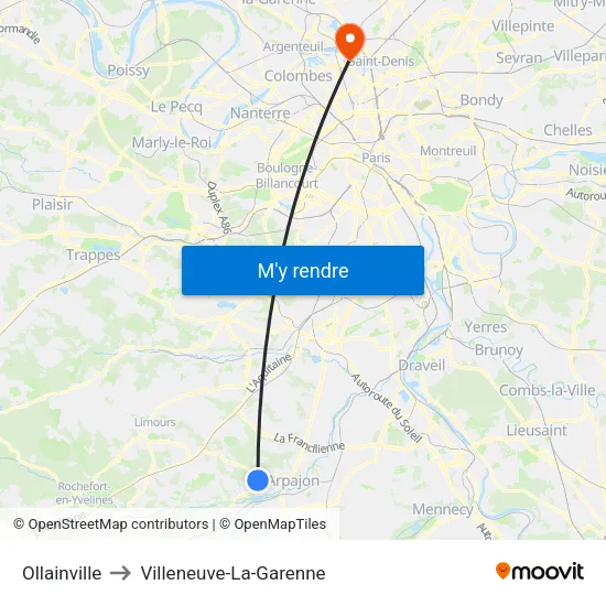 Ollainville to Villeneuve-La-Garenne map