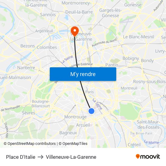 Place D'Italie to Villeneuve-La-Garenne map