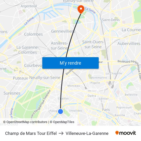 Champ de Mars Tour Eiffel to Villeneuve-La-Garenne map