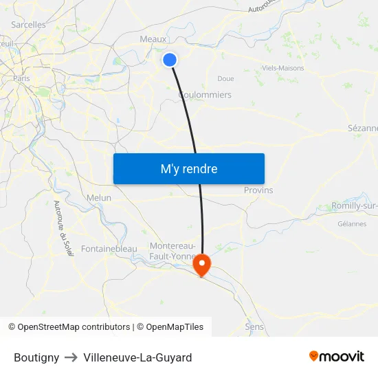Boutigny to Villeneuve-La-Guyard map