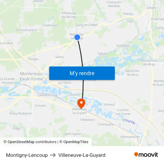 Montigny-Lencoup to Villeneuve-La-Guyard map