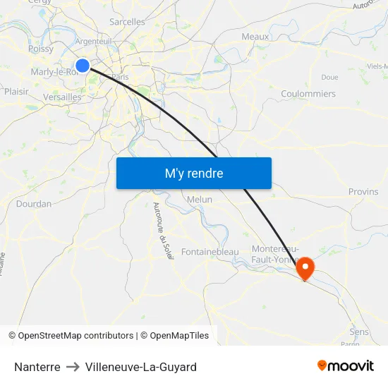 Nanterre to Villeneuve-La-Guyard map