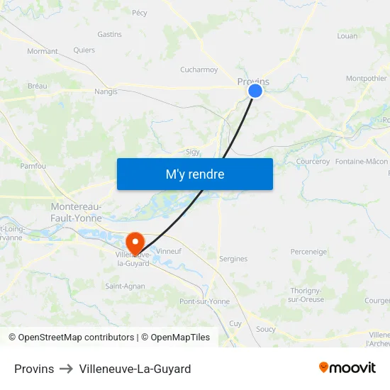 Provins to Villeneuve-La-Guyard map