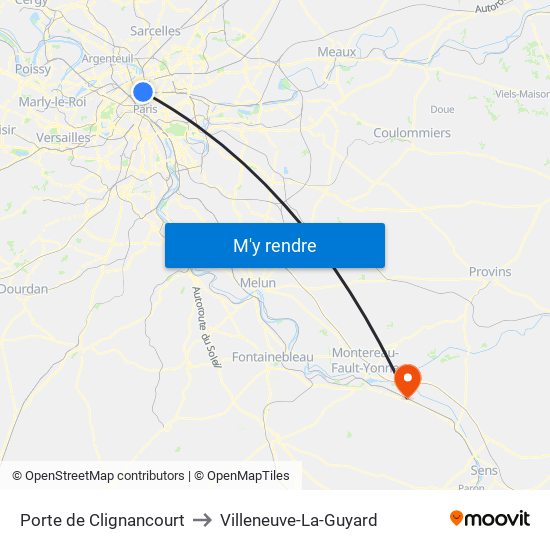 Porte de Clignancourt to Villeneuve-La-Guyard map