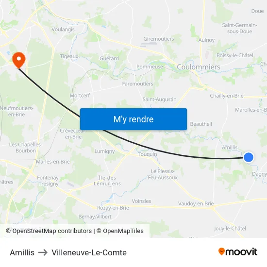 Amillis to Villeneuve-Le-Comte map
