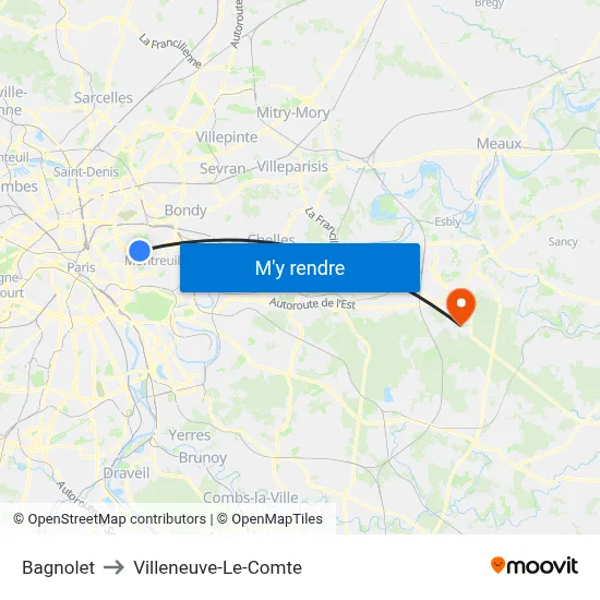 Bagnolet to Villeneuve-Le-Comte map
