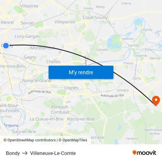 Bondy to Villeneuve-Le-Comte map