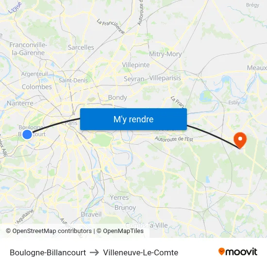 Boulogne-Billancourt to Villeneuve-Le-Comte map