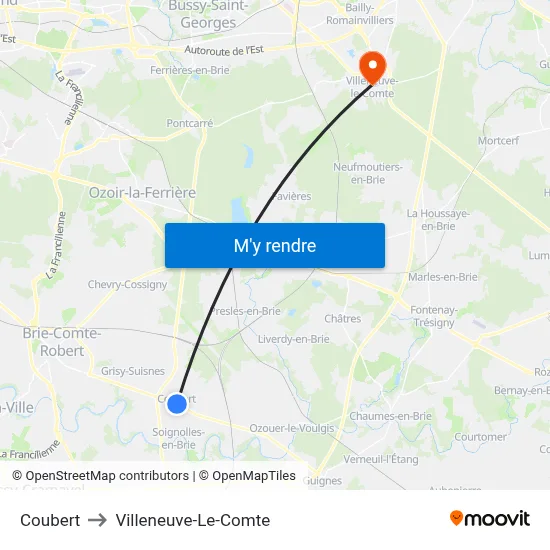 Coubert to Villeneuve-Le-Comte map