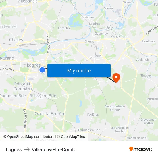 Lognes to Villeneuve-Le-Comte map