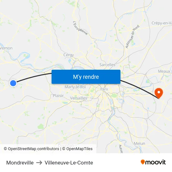 Mondreville to Villeneuve-Le-Comte map