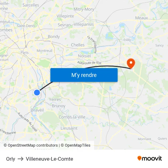 Orly to Villeneuve-Le-Comte map
