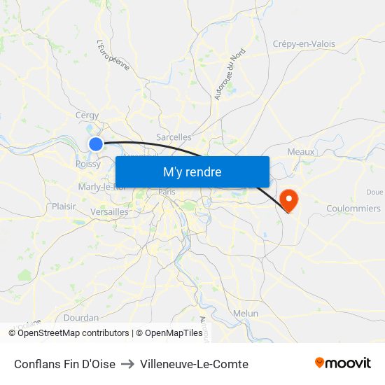 Conflans Fin D'Oise to Villeneuve-Le-Comte map